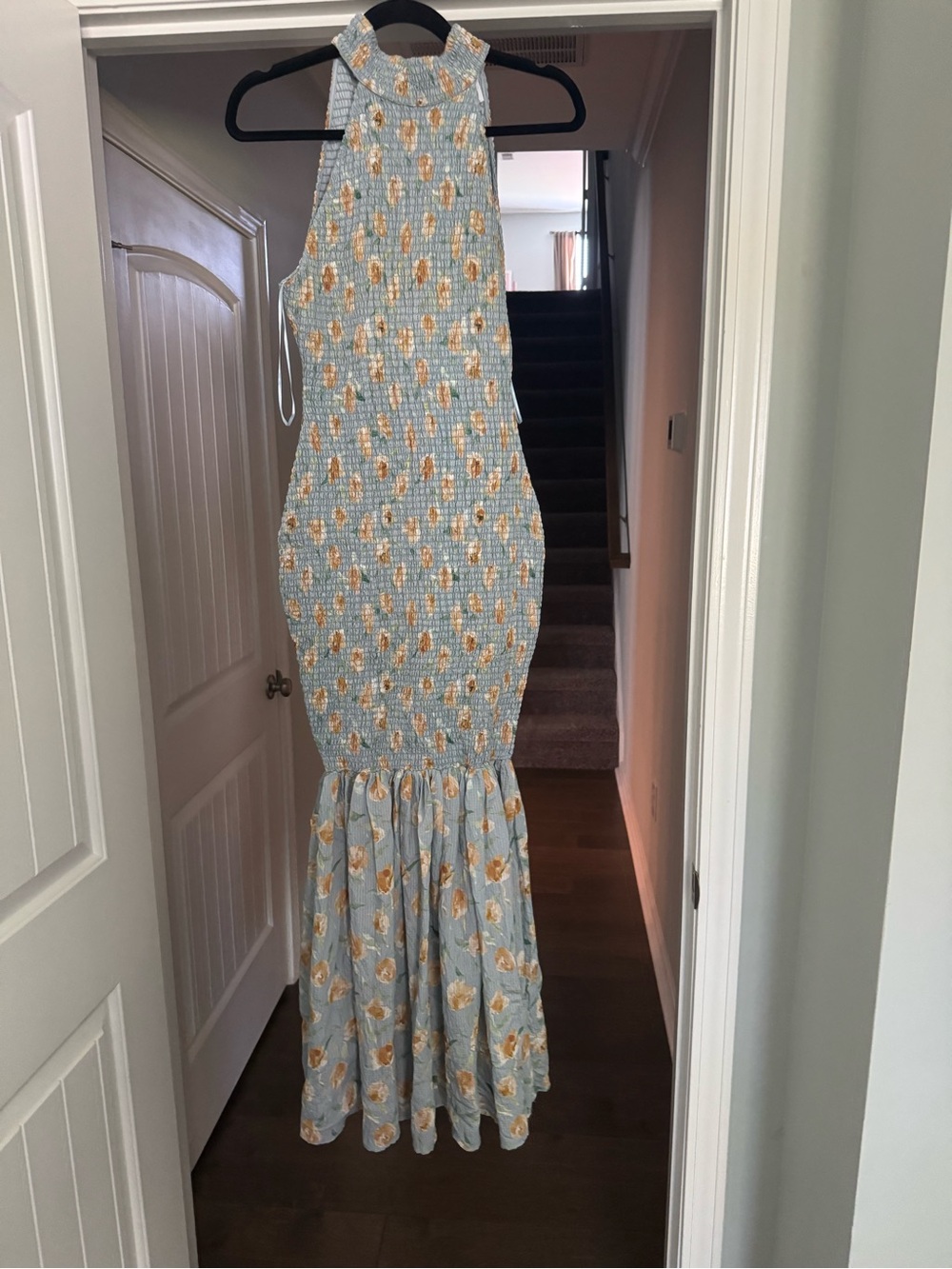 Mabel Smocked Maxi Dress in Light Blue with Yellow Floral Print